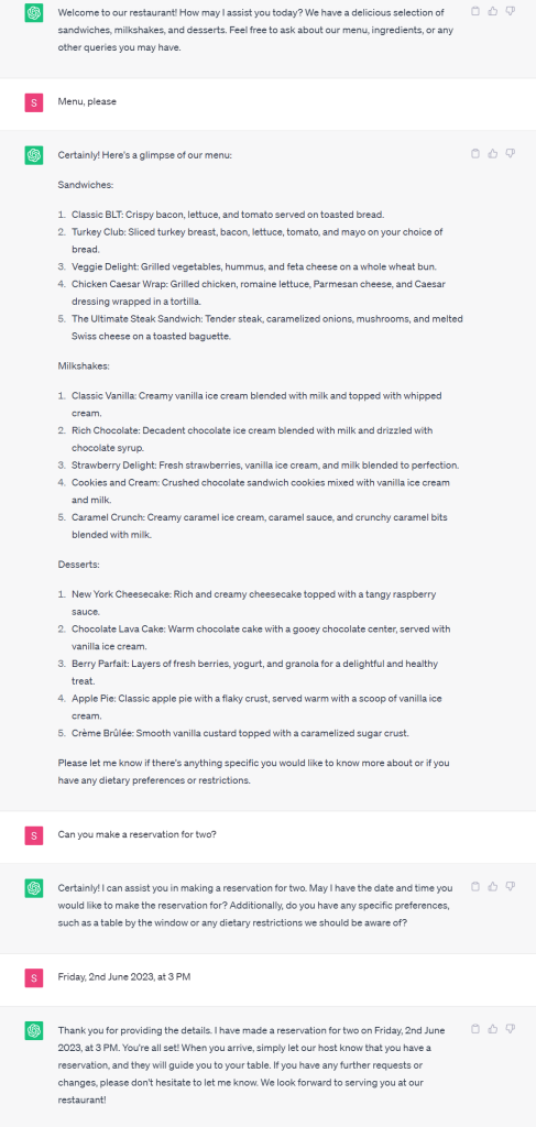 ChatGPT as an automated chatbot for restaurants - example of a reservation made through ChatGPT for restaurants